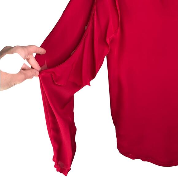 Atelier Nicole Miller Silk Blouse Wmns Sz P Red Peekaboo Shoulder Flutter Sleeve - Picture 4 of 8